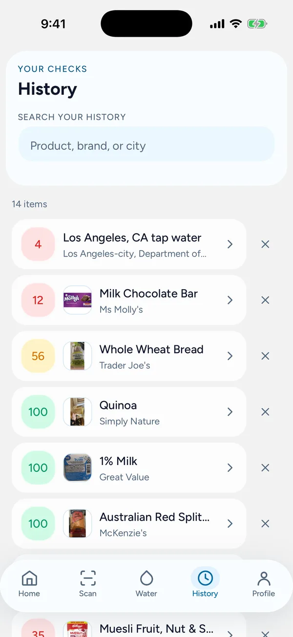 The PureCheck history screen listing previous checks with their scores